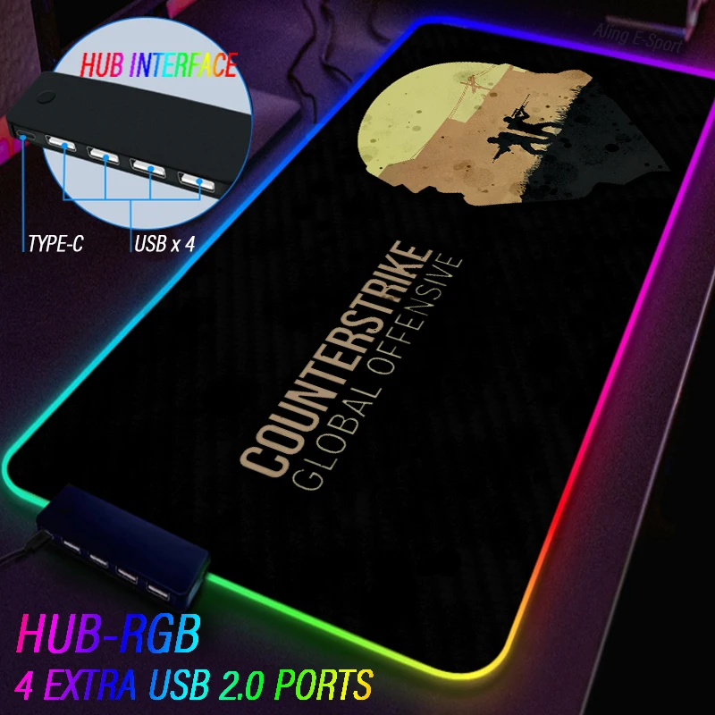 Csgo Custom Counter Strike Wereldwijde Offensief Lichtgevende Muismat Rgb Kleur Stof Gaming Deskmat Usb Hub Extensions 4 Poort Tapijt - Image 2