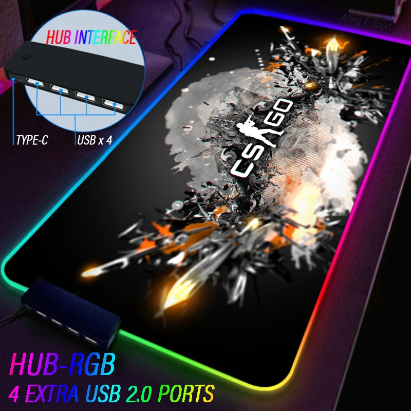 Csgo Custom Counter Strike Wereldwijde Offensief Lichtgevende Muismat Rgb Kleur Stof Gaming Deskmat Usb Hub Extensions 4 Poort Tapijt - Image 4